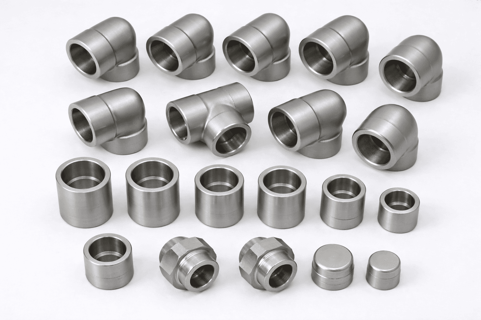 Forged stainless steel socket weld fittings: elbows, a tee, couplings, unions and caps