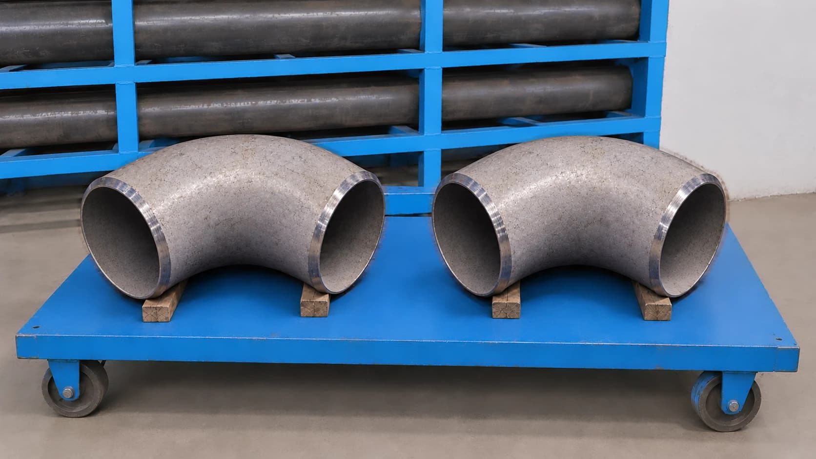 Two large finished 90° elbows with machined bevel ends resting on timber blocks on a blue trolley
